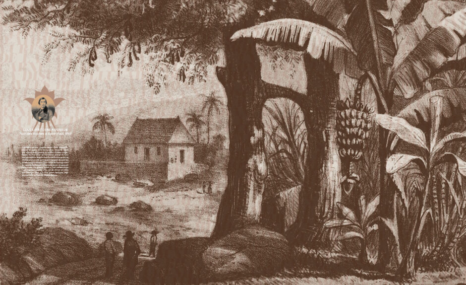 Design graphique d'un rideau à partir d'une illustration et d'un texte de Louis Antoine Roussin